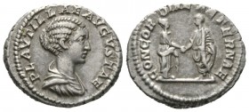 Plautilla (Augusta, 202-205), Denarius, Rome, AD 202, 3.69g, 18mm. Draped bust right / Caracalla, holding volumen, and Plautilla standing vis-à-vis, c...