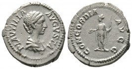 Plautilla (Augusta, 202-205), Denarius, Rome, 202-3, 3.57g, 19mm. Draped bust right / Concordia standing left, holding patera and sceptre. RIC IV 363a...