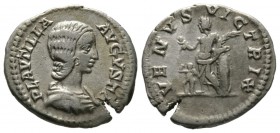 Plautilla (Augusta, 202-205), Denarius, Rome, 202-5, 2.43g, 18mm. Draped bust right / Venus standing left, holding apple and palm, resting left elbow ...