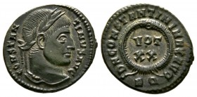 Constantine I (307/310-337), Follis, Rome, AD 321, 3.18g, 18mm. Laureate head right / VOT/•/XX within wreath; RQ. RIC VII 237. Extremely fine.