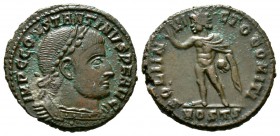 Constantine I (307/310-337), Follis, Ostia, 312-3, 4.77g, 20mm. Laureate and cuirassed bust right / Sol standing left, holding globe and raising right...