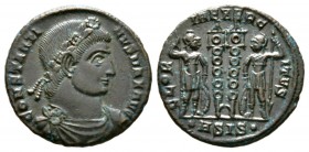 Constantine I (307/310-337), Follis, Siscia, 334-5, 2.35g, 17mm. Rosette-diademed, draped and cuirassed bust right / Two soldiers, each holding spear ...