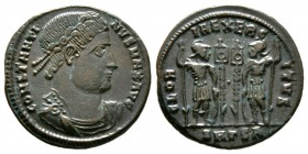 Constantine I (307/310-337), Follis, Thessalonica, 2.78g, 18mm. Diademed, draped and cuirassed bust right / Two soldiers, each holding spear and shiel...