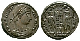 Constantine I (307/310-337), Follis, Nicomedia, 330-5, 2.84g, 17mm. Rosette-diademed, draped and cuirassed bust right / Two soldiers flanking two stan...