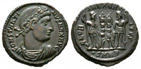 Constantine I (307/310-337), Follis, Cyzicus, 332-5, 2.50g, 17mm. Rosette-diademed, draped and cuirassed bust right / Two soldiers flanking two standa...