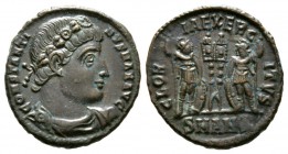 Constantine I (307/310-337), Follis, Antioch, 335-7, 2.53g, 17mm. Rosette-diademed, draped and cuirassed bust right / Two soldiers flanking two standa...