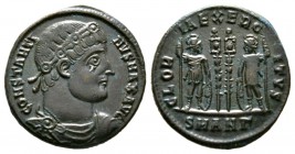 Constantine I (307/310-337), Follis, Antioch, 335-7, 2.52g, 17mm. Rosette-diademed, draped and cuirassed bust right / Two soldiers flanking two standa...