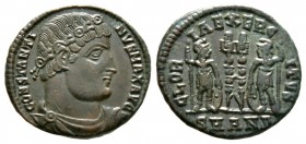 Constantine I (307/310-337), Follis, Antioch, 335-7, 2.29g, 17mm. Rosette-diademed, draped and cuirassed bust right / Two soldiers flanking two standa...