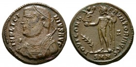 Licinius I (308-324), Æ, Nicomedia, 317-320, 3.84g, 18mm. Laureate and draped bust left, holding mappa; sceptre behind shoulder / Jupiter standing lef...