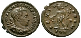 Maximinus II (310-313), Follis, Treveri, 310-313, 3.85g, 23mm. Laureate, draped and cuirassed bust right Genius standing facing left, holding cornucop...