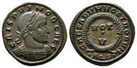 Crispus (Caesar, 316-326), Follis, Aquileia, AD 321, 3.32g, 19mm. Laureate and cuirassed bust right / VOT • V in laurel wreath; •AQS•. RIC VII 89. Ext...