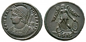 Commemorative Series, c. 330-354, Follis, Siscia, 2.56g, 17mm. Helmeted bust left, wearing imperial mantle, holding sceptre over shoulder / Victory st...