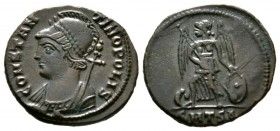 Commemorative series, c. 330-354, Æ, Thessalonica, 330-3, 2.39g, 18mm. Helmeted and mantled bust of Constantinople left, holding sceptre / Victory sta...