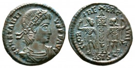 Constantius II (337-361), Æ, Siscia, 337-340, 2.05g, 16mm. Rosette-diademed, draped and cuirassed bust right / Two soldiers flanking one standard, chi...