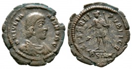 Julian II (Caesar, 355-361), Æ, Siscia, 355-361, 2.00g, 19mm. Bare-headed, draped and cuirassed bust right / Emperor standing left, helmeted and in mi...