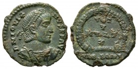 Jovian (363-364), Follis, Rome, c. 363-4, 2.66g, 19mm. Diademed, draped and cuirassed bust right / VOT V MVLT X in four lines within wreath; VRB ROM P...