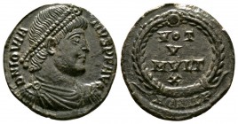 Jovian (363-364), Æ, Aquileia, 2.81g, 19mm. Pearl-diademed, draped and cuirassed bust right / VOT/V/MVLT/X in four lines within wreath; AQVILP. RIC VI...