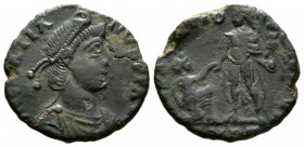 Gratian (367-383), Æ, Uncertain mint, 379-383, 4.64g, 20mm. Pearl-diademed, draped and cuirassed bust right / Emperor standing facing, head left, Vict...