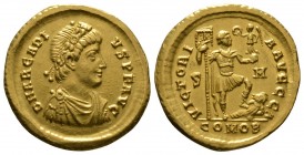 Arcadius (383-408), Solidus, Sirmium, 402-408, 4.49g, 21mm. Pearl-diademed, draped and cuirassed bust right / Arcadius standing right, left foot on bo...