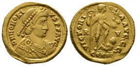 Honorius (393-423), Solidus, Ravenna, 402-6, 4.51g, 20mm. Pearl-diademed, draped and cuirassed bust right / Honorius standing right, with foot on capt...