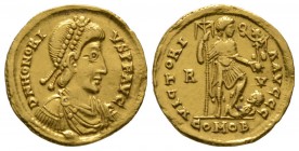 Honorius (393-423), Solidus, Ravenna, 402-6, 4.42g, 20mm. Pearl-diademed, draped, and cuirassed bust right / Honorius standing right, with foot on cap...
