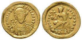Theodosius II (402-450), Solidus, Constantinople, 430-440, 4.37g, 20mm. Pearl-diademed, helmeted and cuirassed bust facing slightly right, holding spe...