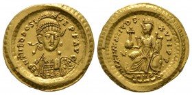Theodosius II (402-450), Solidus, Constantinople, 443-450, 4.46g, 22mm. Pearl-diademed, helmeted and cuirassed bust facing slightly right, holding spe...
