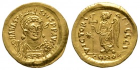 Anastasius I (491-518), Solidus, Constantinople, c. 507-518, 4.42g, 20mm. Helmeted and cuirassed bust facing slightly right, holding spear over should...