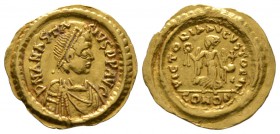 Anastasius I (491-518), Tremissis, Constantinople, 492-518, 1.48g, 16mm. Diademed, draped and cuirassed bust right / Victory advancing right, head lef...