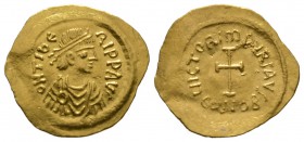 Maurice Tiberius (582-602), Tremissis, Constantinople, 583-602, 1.48g, 17mm. Diademed, draped, and cuirassed bust right / Cross potent; CONOB. MIBE 20...