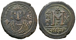 Maurice Tiberius (582-602), AE Follis, 40 Nummi, Antioch, year 10 (591/2). Facing bust, holding mappa and sceptre. R/ Large M; date across field; Γ//τ...