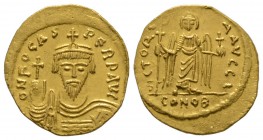 Phocas (602-610), Solidus, Constantinople, AD 603, 4.27g, 22mm. Draped and cuirassed bust facing, wearing crown with pendilia and holding globus cruci...