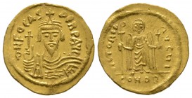 Phocas (602-610), Solidus, Constantinople, 607-609, 4.48g, 22mm. Crowned, draped and cuirassed bust facing, holding globus cruciger / Angel standing f...