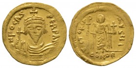 Phocas (602-610), Solidus, Constantinople, 607-609, 4.45g, 21mm. Crowned, draped and cuirassed bust facing, holding globus cruciger / Angel standing f...
