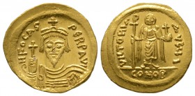 Phocas (602-610), Solidus, Constantinople, 607-609, 4.50g, 21mm. Crowned, draped and cuirassed bust facing, holding globus cruciger / Angel standing f...