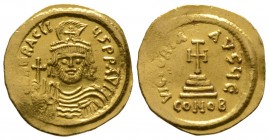 Heraclius (610-641), Solidus, Constantinople, 610-613, 4.43g, 20mm. Helmeted, draped and cuirassed facing bust, holding cross / Cross potent set on th...
