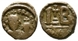 Heraclius (610-641), 12 Nummi, Alexandria, 613-8, 7.22g, 16mm. Crowned and draped busts of Heraclius and Heraclius Constantine facing / Large IB; cros...