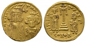 Constans II (641-668), Solidus, Constantinople, 662-7, 4.34g, 19mm. Crowned and draped busts of Constans and Constantine facing; cross above / Cross p...