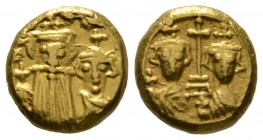 Constans II and Constantine IV (641-668), Solidus, Carthage, 659-668, 4.34g, 10mm. Crowned and draped facing busts of Constans, wearing long beard and...
