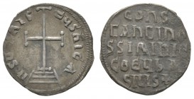 Constantine VI and Irene (780-797), Miliaresion, Constantinople, 1.51g, 18mm. Cross potent set on three steps / Legend in five lines. DOC 4b; S. 1595....