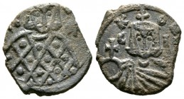 Leo V and Constantine (813-820), AE Follis / 40 Nummi, Syracuse, 3.57g, 19mm. Crowned facing bust of Leo, wearing loros and holding cross potent; star...