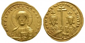 Constantine VII Porphyrogenitus and Romanus II (913-959), Solidus, Constantinople, 950-5, 4.44g, 19mm. Facing bust of Christ Pantokrator / Crowned fac...