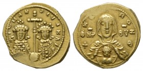 Romanus IV Diogenes (1068-1071), Tetarteron Nomisma, Constantinople, 2.58g, 18mm. Half-length facing bust of the Theotokos, holding medallion containi...