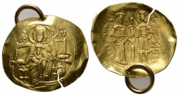 Isaac II Angelus (1185-1195), Hyperpyron, Constantinople, 4.85g, 28mm. The Virgin Mary enthroned facing, holding Holy Infant on lap / Isaac and the Ar...