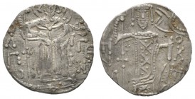 Manuel I Comnenus (Emperor of Trebizond, 1238-1263), Asper, 2.45g, 21mm. St. Eugenius standing facing, holding long cross / Manuel standing facing, ho...