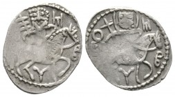 Manuel III (Emperor of Trebizond, 1390-1417), Asper, 1.08g, 16mm. St. Eugenius, holding long cross, on horseback right; trilobe below / Emperor, holdi...