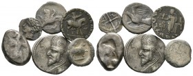 6 coins, including Massalia Obol, Sikyon (2.39g), Achaemenid Siglos, Parthia Drachm, Baktria Drachm and PB Tessera. Fine to Very fine