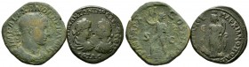 Lot of 2 Roman bronze coins, including Marcianopolis (Caracalla and Geta) and Severus Alexander Sestertius (Sol). Very fine.