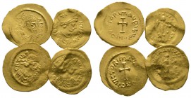 Lot of 4 Byzantine AV coins, including Justinian I Tremissis, Justin II Tremissis and 2 Maurice Tiberius Tremissis. Fine to near Very fine