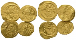 Lot of 4 Byzantine AV coins, including Justin II Semis and Tremissis, Maurice Tremissis and Phocas Tremissis. Fine to near Very fine
